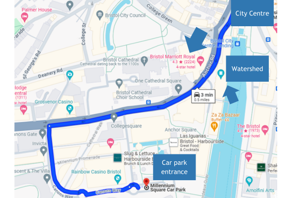 A map showing the journey from Bristol City Centre to the Millennium Square Carpark.