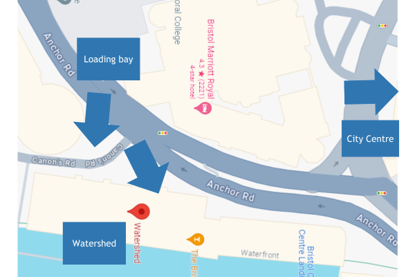 A map showing the journey to the loading bay from Bristol City Centre, then to the Watershed.