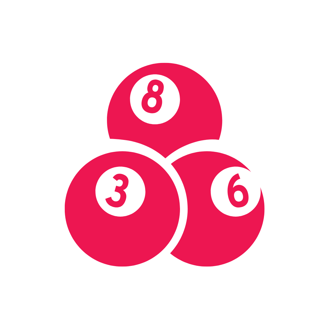 A red icon of lottery balls with a white background.