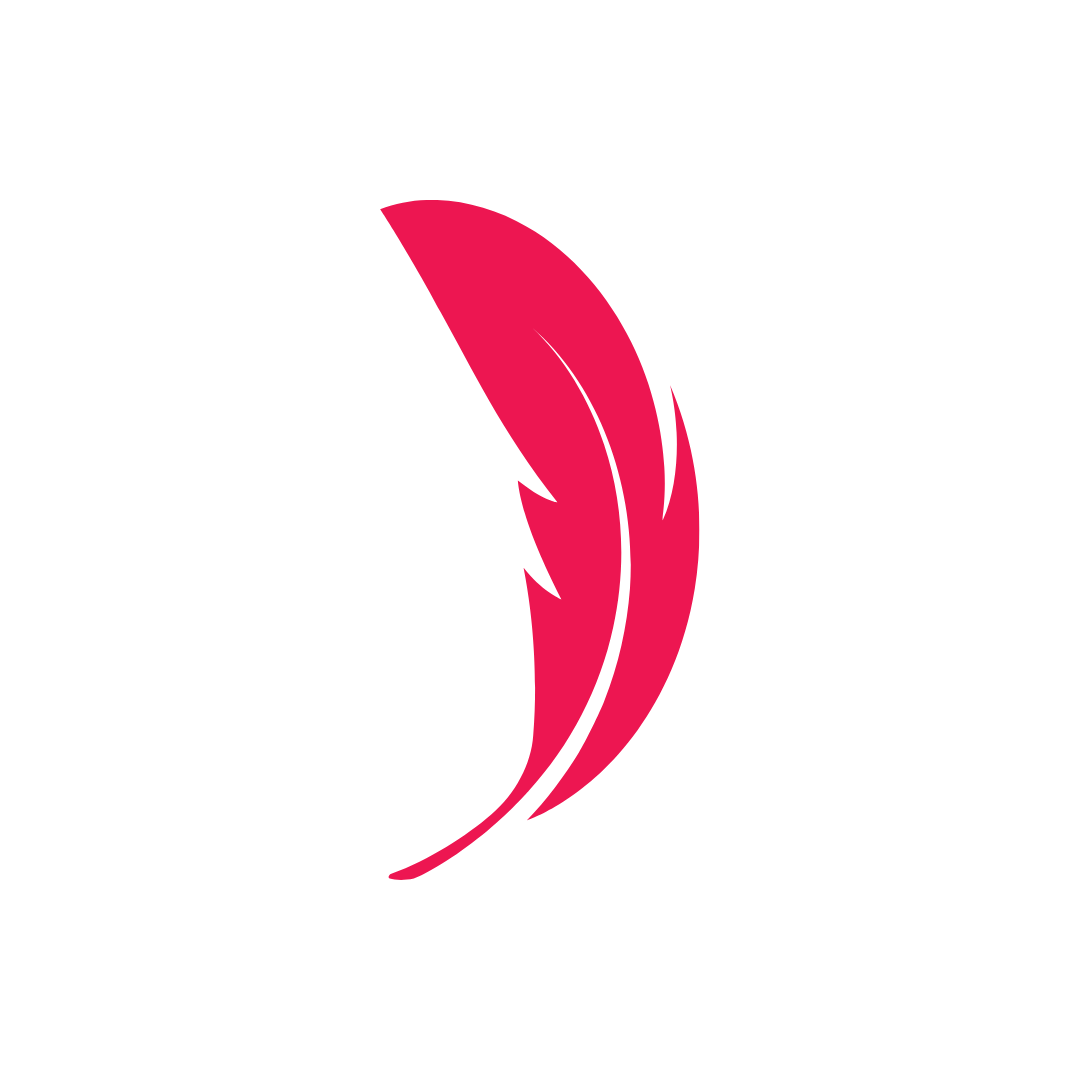 A red icon of a feather with a white background.