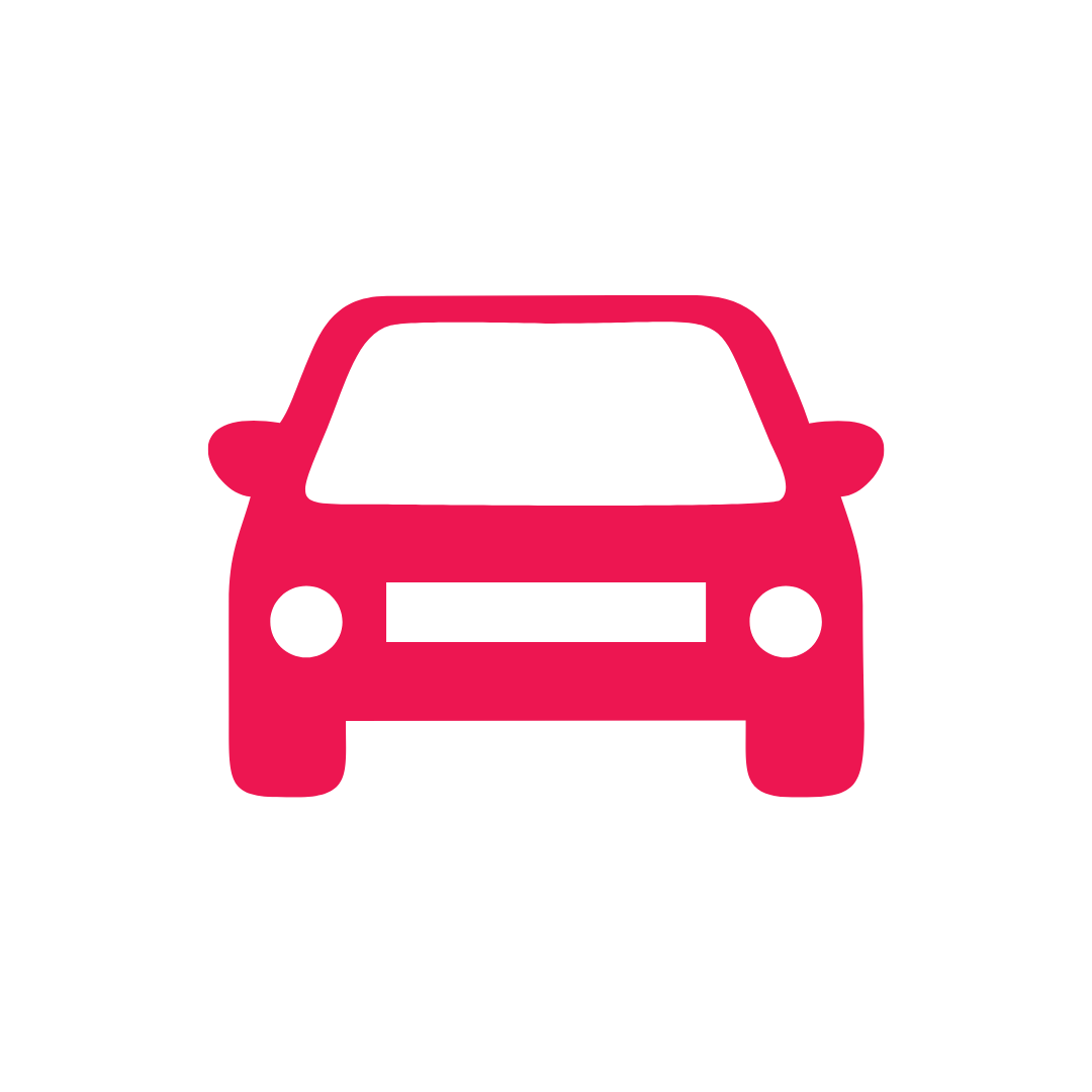 A red icon of a car with a white background.