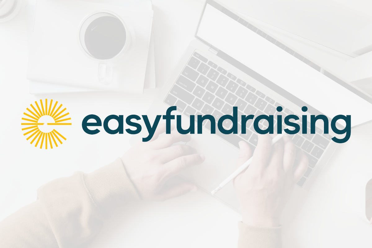 The easyfundraising logo with a faded image of hands typing on a laptop as the background.