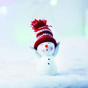 Happy snowman standing in winter Christmas landscape.