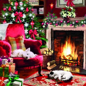 A dog and a cat are sleeping by an open fire in a living room with a Christmas tree.