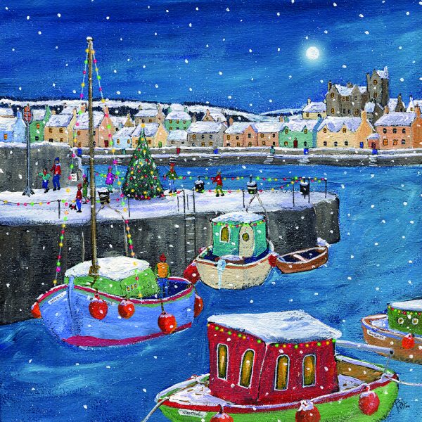 A snowy, illustration of colourful boats in a harbour.