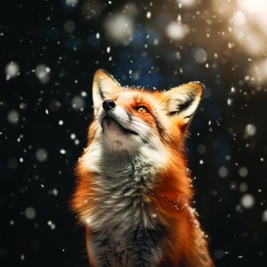 A fluffy fox looking up with snow falling.