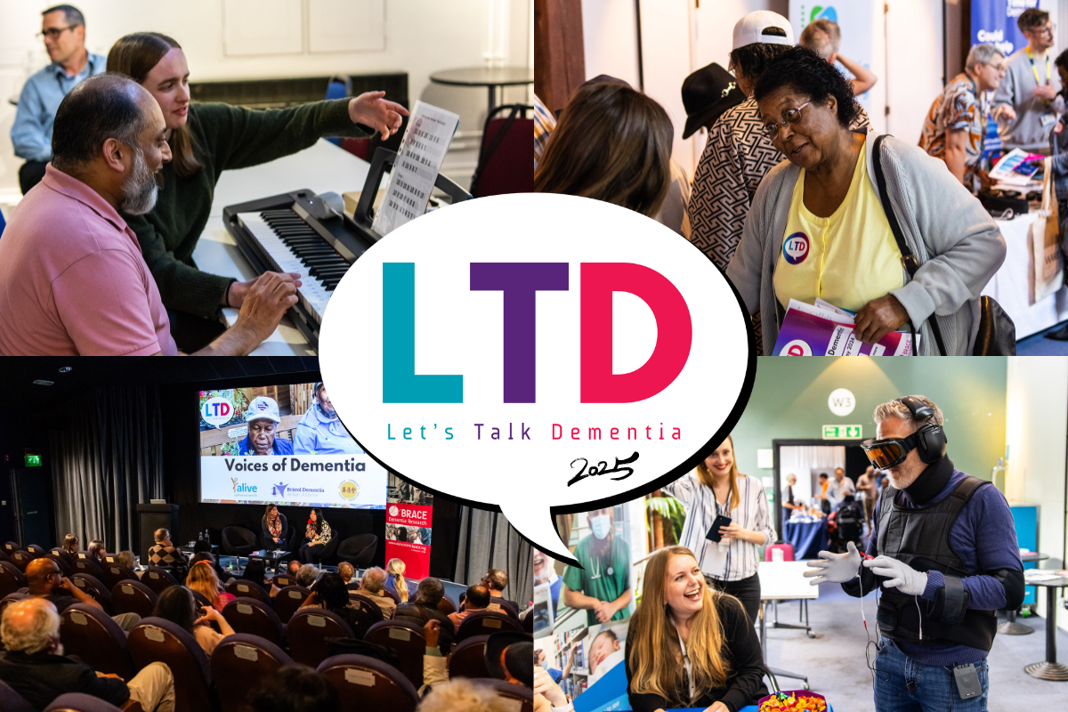 A promotional collage for 'Let's Talk Dementia 2025' featuring event highlights: a music session, exhibitor interactions, a panel discussion, and a dementia simulation suit. The LTD 2025 logo is centred in a speech bubble.