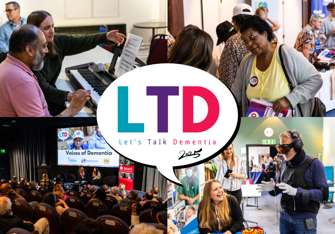 A promotional collage for 'Let's Talk Dementia 2025' featuring event highlights: a music session, exhibitor interactions, a panel discussion, and a dementia simulation suit. The LTD 2025 logo is centred in a speech bubble.