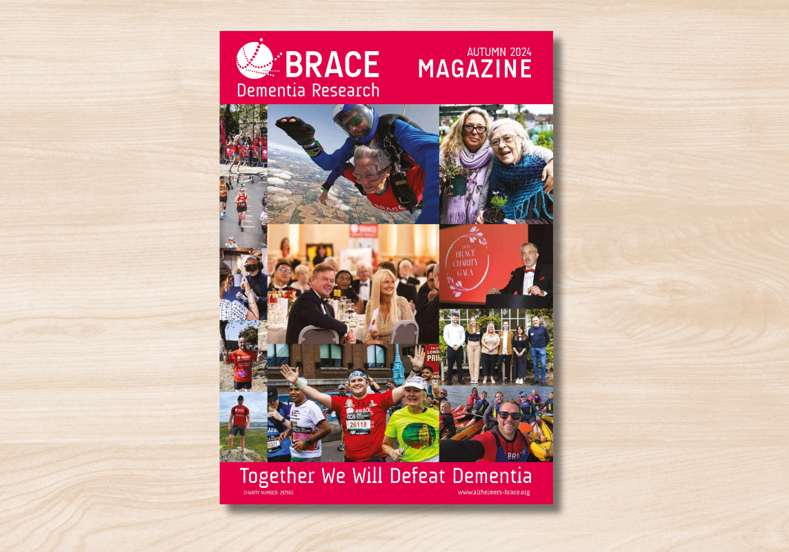 BRACE Autumn Magazine 2024 with a light wood background.